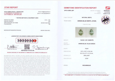 Certificate Pair of aquamarines pear cut 3.25 carats, Mozambique