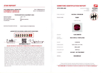 Certificate Unheated ruby cushion cut 1.56 carats, Mozambique