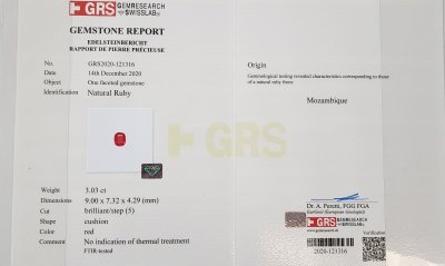 Certificate Unheated Mozambique ruby of 3.03 carats, GRS
