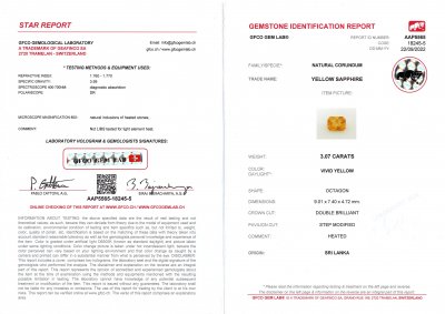 Certificate Bright yellow radiant cut sapphire 3.07 ct, Sri Lanka