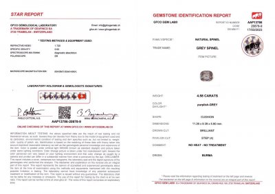 Certificate Cushion cut gray spinel 4.58 ct, Burma