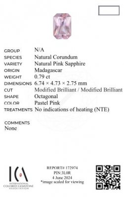 Certificate Unheated sapphire (Baby Pink) radiant cut 0.79 carats, Madagascar
