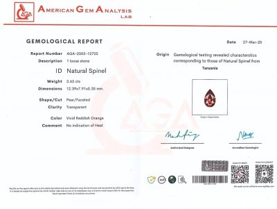 Certificate Spinel Mahenge Vibrant pink red 3.63 carats pear cut 3.63 carats, Tanzania