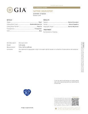 Certificate Unheated sapphire Royal Blue heart shape 4.24 carats, Burma