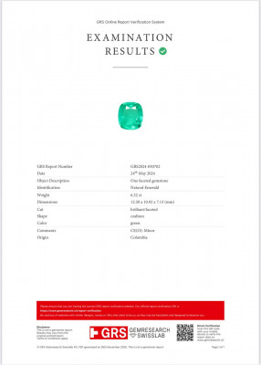 Certificate Emerald octagon cut 6.32 carats, Colombia