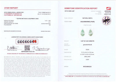 Certificate Pair of aquamarines pear cut 6.91 carats, Mozambique