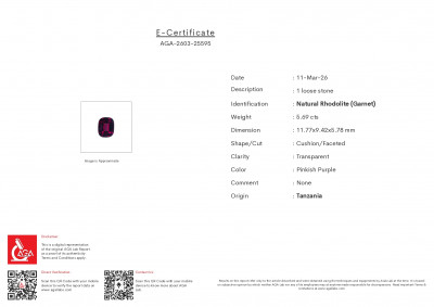 Certificate Purple garnet rhodolite cushion cut 5.69 carats, Tanzania
