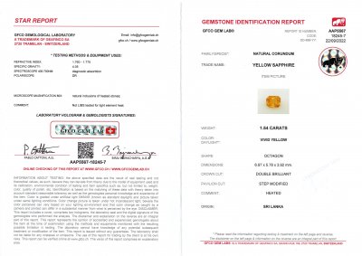Certificate Radiant cut yellow sapphire 1.54 ct, Sri Lanka