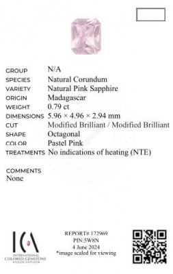 Certificate Unheated radiant cut pink sapphire 0.79ct, Madagascar