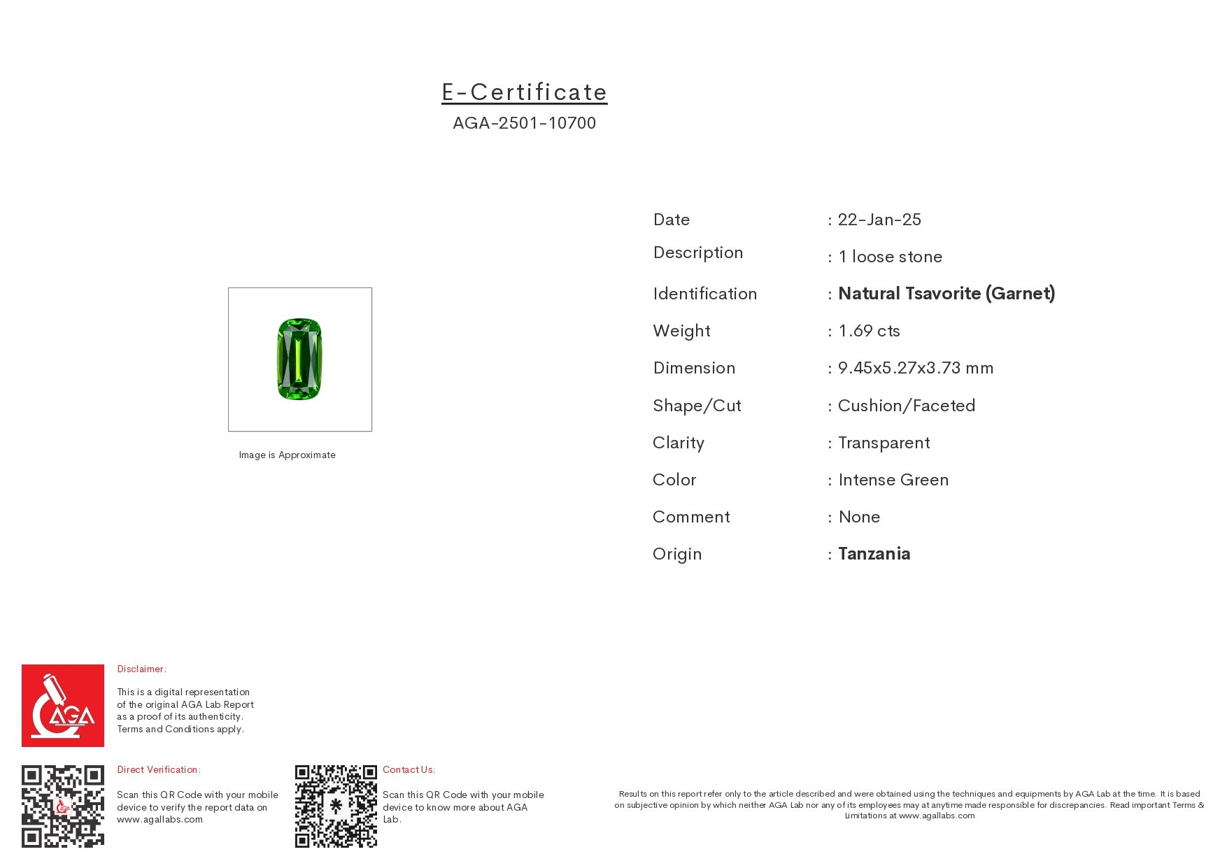 Intense Green tsavorite garnet in cushion cut 1.69 carats, Tanzania Image №6