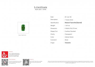 Certificate Intense Green tsavorite garnet in cushion cut 1.69 carats, Tanzania