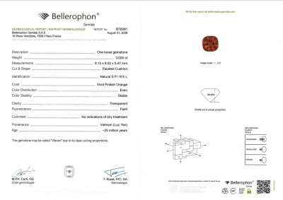 Certificate Spinel vivid pink orange with Vibrant proportions cushion cut 3.02 carats, Vietnam