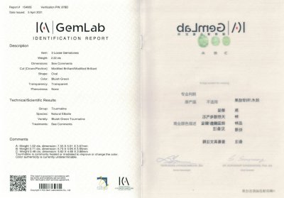 Certificate Set of blue-green tourmalines 2.22 ct, Afghanistan