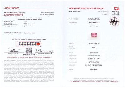 Certificate Pamir intense pink spinel in princess cut 1.55 ct