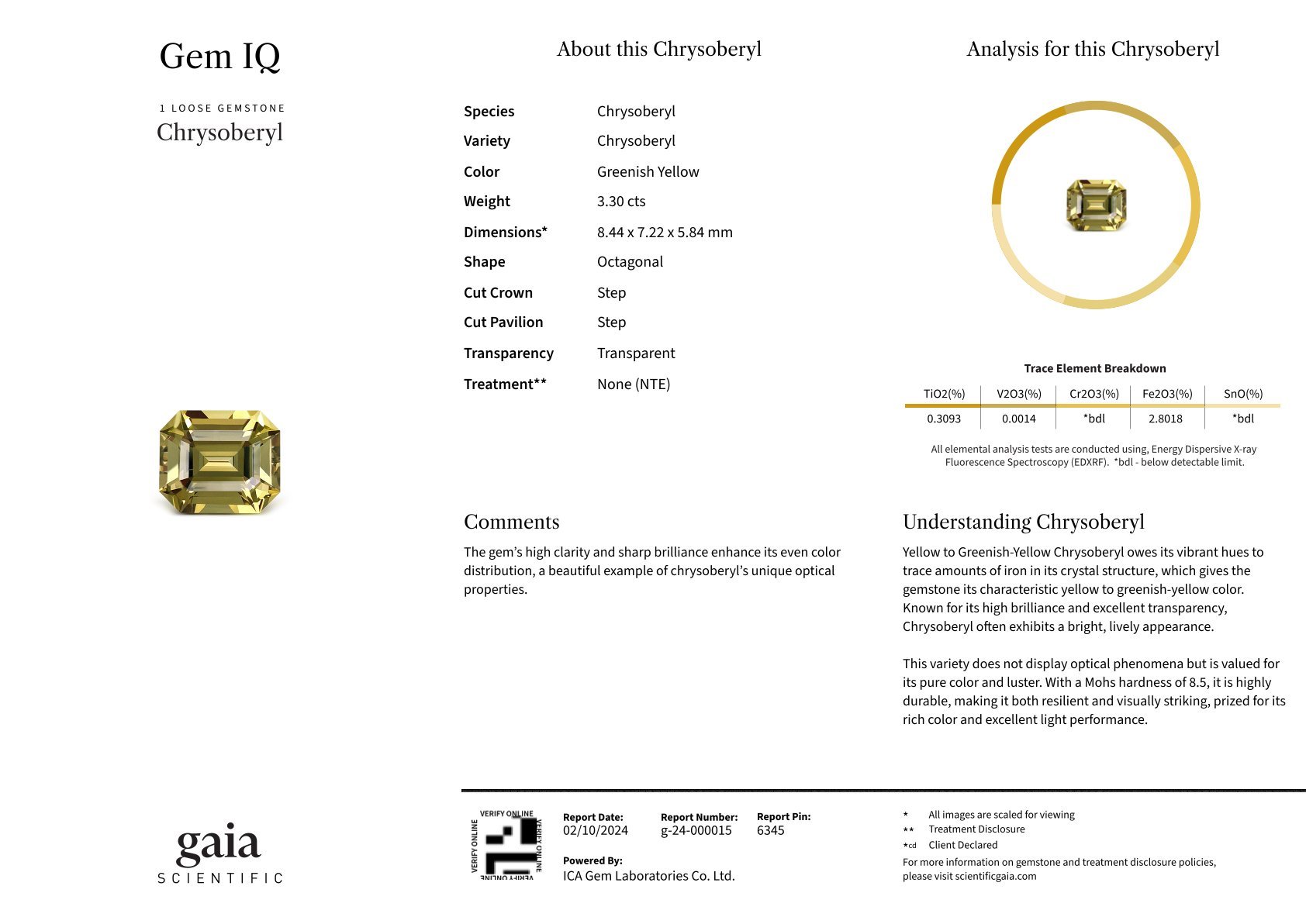 Chrysoberyl in octagon cut 3.30 carats, Sri Lanka Image №6