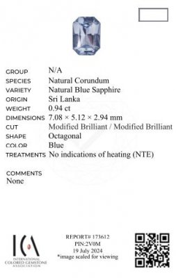Certificate Unheated Pastel Blue sapphire radiant cut 0.94ct Sri Lanka