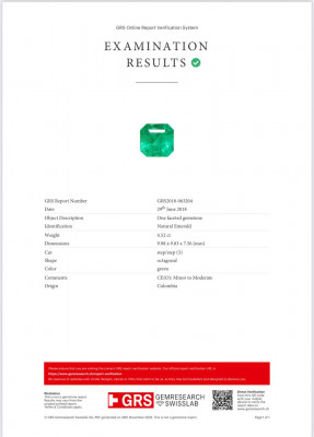 Certificate Emerald octagon cut 4.52 carats, Colombia