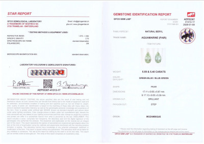 Certificate Pair of aquamarines pear cut 10.99 carats, Mozambique