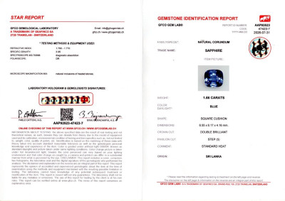 Certificate Blue sapphire cushion cut 1.66 carats, Sri Lanka