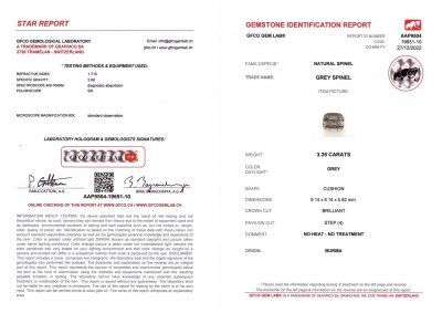 Certificate Cushion cut gray spinel 3.35 ct