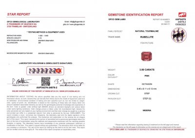 Certificate Octagon-cut red-pink rubellite 3.50 carats, Nigeria