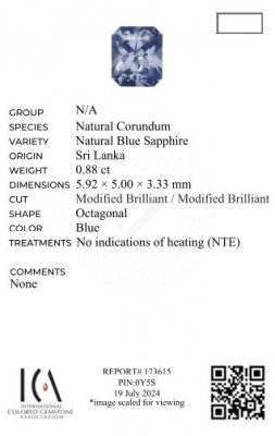 Certificate Unheated blue sapphire (Pastel Blue) radiant cut 0.88ct, Sri Lanka 