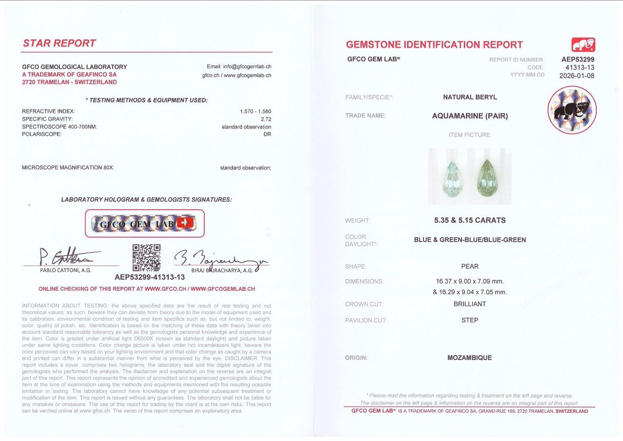 Pair of aquamarines pear cut 10.50 carats, Mozambique Image №5