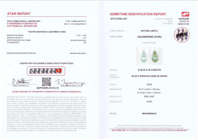 Certificate Pair of aquamarines pear cut 10.50 carats, Mozambique