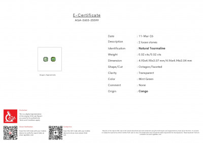 Certificate Pair of mint green tourmalines asscher cut 1.04 catats, Congo