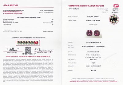 Certificate Pair of rare cushion cut rhodolite garnets from Malawi 9.99 ct