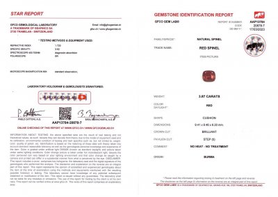 Certificate Cushion cut Burmese vivid red spinel 3.87 ct
