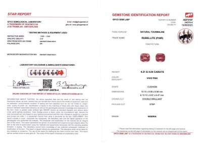 Certificate Pair of red-pink rubellite tourmalines in cushion cut 8.25 carats, Nigeria
