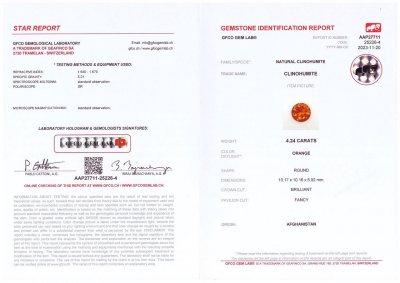 Certificate Vivid orange clinohumite 4.24 ct in round cut, Afghanistan
