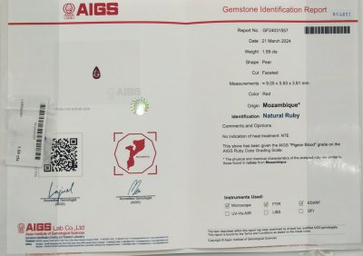 Certificate Pigeon's Blood ruby without treatment 1.59 carats in pear cut, Mozambique