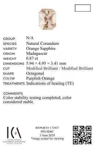 Radiant cut orange sapphire 0.87ct, Madagascar  Image №6