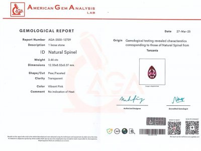 Certificate Spinel Mahenge Vibrant pink red pear cut 3.44 carats, Tanzania