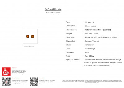 Certificate Pair of spessartines Mandarin asscher cut 1.39 carats, Africa