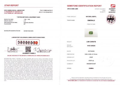 Certificate Vivid Green emerald octagon shape 2.06 ct, Zambia, Insignificant