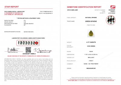 Certificate Bright yellowish green pear cut sphene 4.17 ct, Madagascar