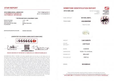Certificate Cushion cut aquamarine 2.46 ct, Mozambique, GFCO