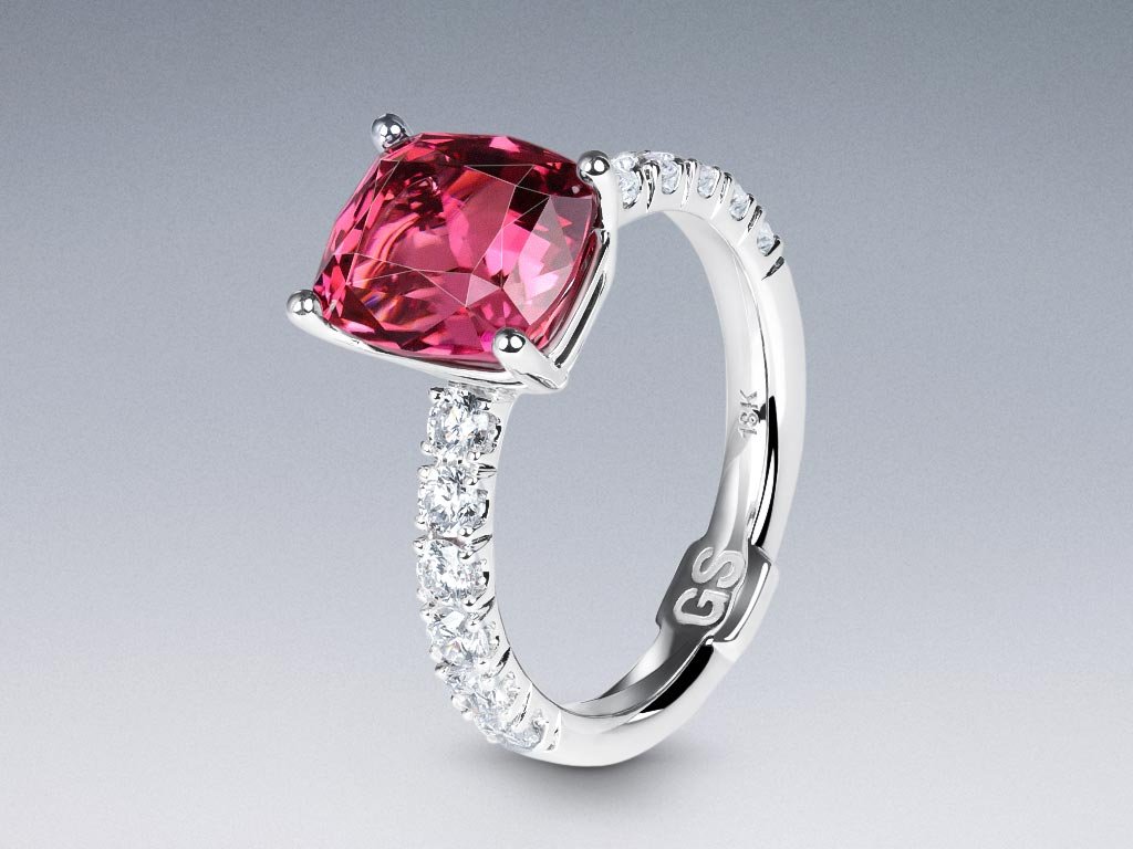 Ring with 3.16 carat pink tourmaline and diamonds in 18K white gold Image №4