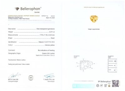 Certificate Golden yellow untreated sapphire in heart shape 2.21 carats, Sri Lanka