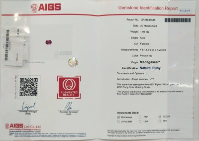 Certificate Unheated Pigeon Blood oval cut ruby 1.98 carats, Madagascar