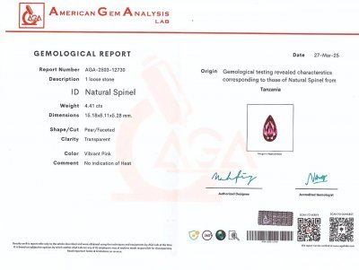 Certificate Spinel Mahenge Vibrant pink red pear cut 4.41 carats, Tanzania
