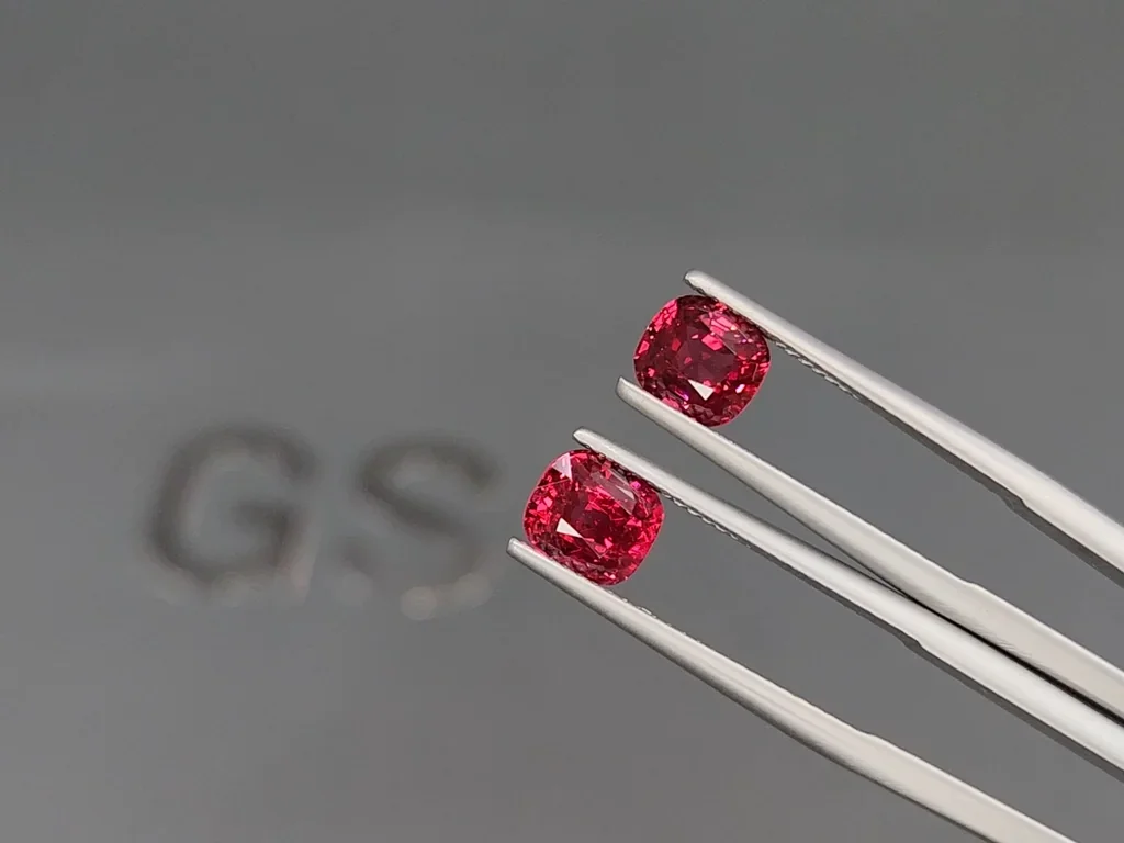Pair of Vivid red pink spinels cushion cut 3.30 carats, Burma Image №3