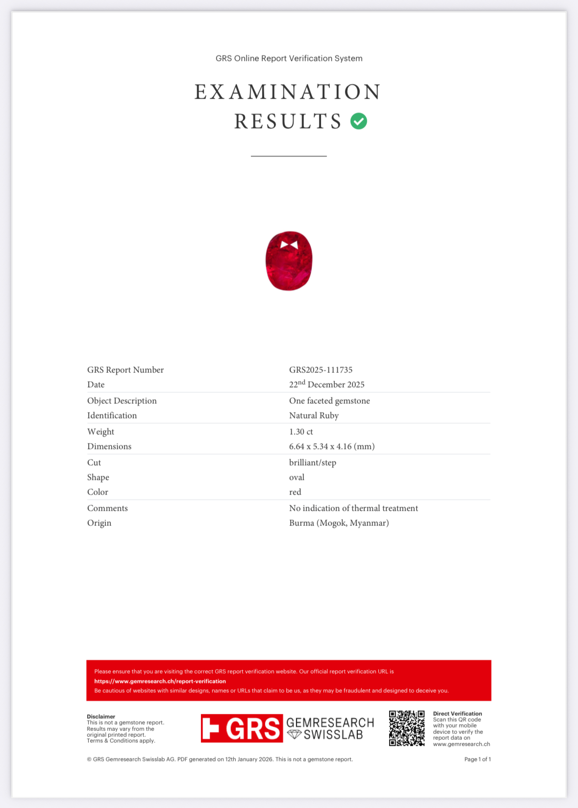 Unheated ruby oval cut 1.30 carats, Mogok, GRS  Image №6