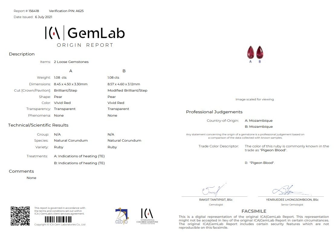 Pair of pear cut rubies Pigeon's blood 2.16 ct, Mozambique Image №4