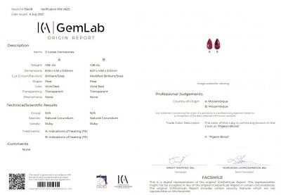 Certificate Pair of pear cut rubies Pigeon's blood 2.16 ct, Mozambique