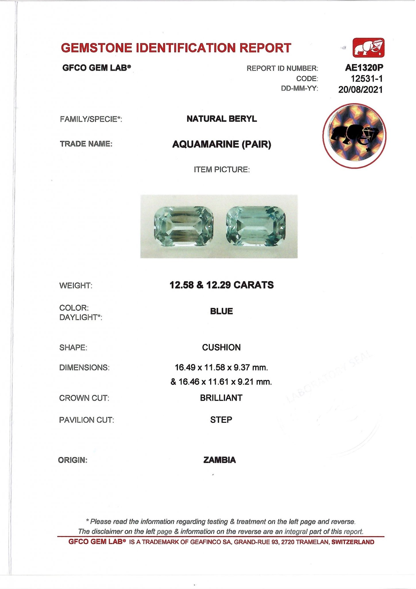 A pair of saturated Zambian aquamarines 24.87 ct, GFCO Image №5