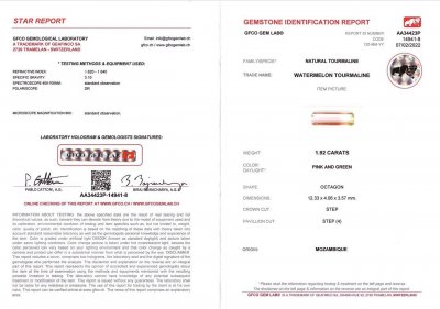 Certificate Watermelon tourmaline octagon cut 1.92 ct, Mozambique